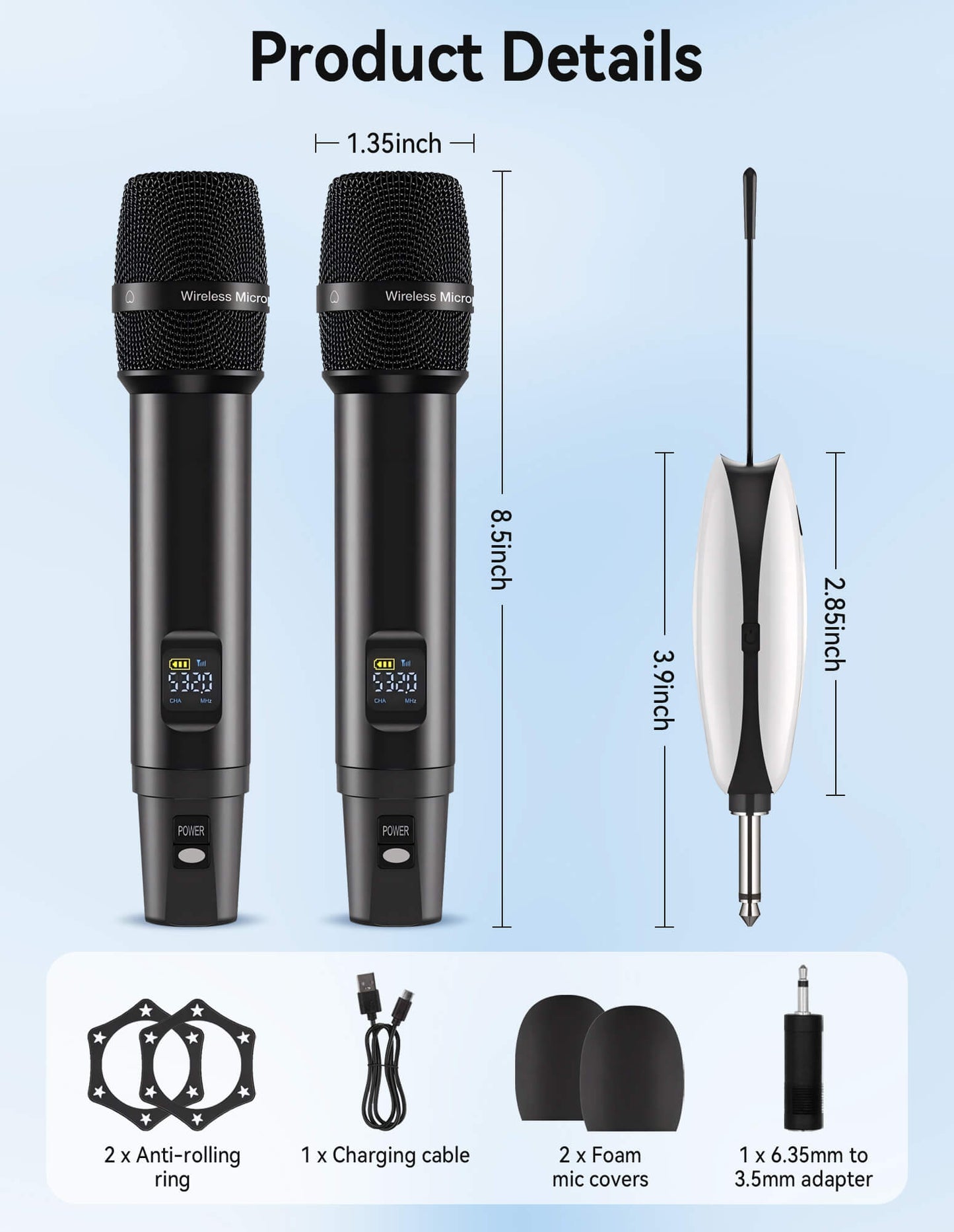 Fixdono Wireless Microphones, Metal Dynamic Microphone System with Rechargeable Receiver for Karaoke Singing, Wedding, DJ, Party, Speech, Church, Class, 240ft