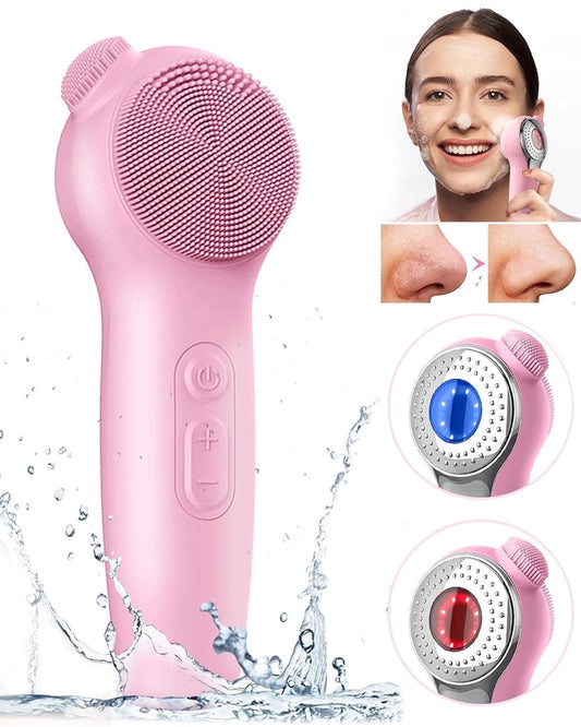 Facial Cleansing Brush, IPX7 Waterproof Sonic Face Brush for All Skin Types, Electric Silicone Face Scrubber with Nose Scrubber for Deep Cleansing and Exfoliation, Pink