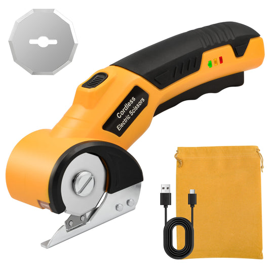 Tidymend Cordless Electric Scissors, 4V Rechargeable Cardboard Cutter with LED Light ＆ Replacement Blade, Rotary Cutter with Safety Lock for Fabric Carpet Leather Plastic Cutting (Yellow)