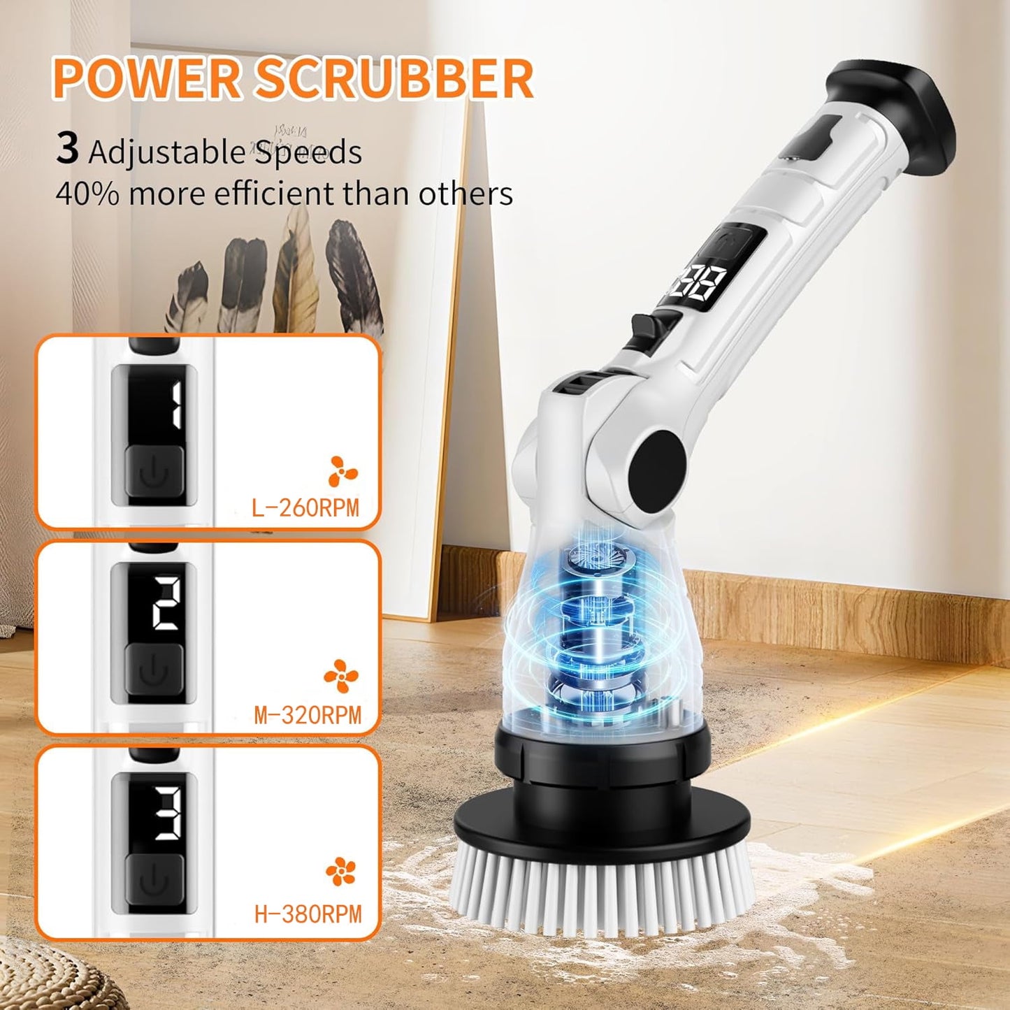 Electric Spin Scrubber, Adjustable Angle ＆ Extension Handle, 3 Speed Mode Power Electric Scrubber for Cleaning, Cordless Shower Cleaning Brush with 8 Brush Heads for Bathroom/Tub/Floor/Tile