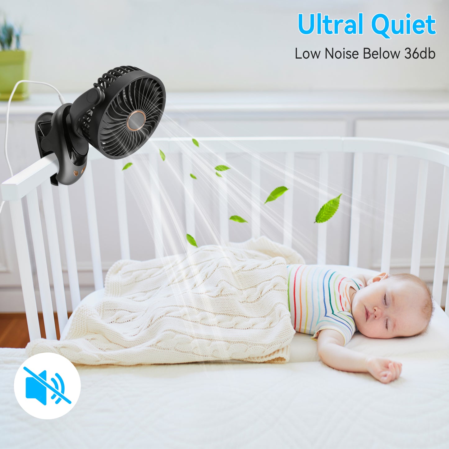 Sentryse Small Clip on Fan, Mini Bedside Desk Fan, USB Plug, with Sturdy Clamp,White