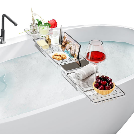 Bathtub Caddy Tray, Adjustable Bath Tray for Tub, Clear Tub Caddy Tray with Tablet PC Holder ＆ Wine Glass Holder, Tub Caddy for Bathroom Luxury Spa, Fits Most Tubs