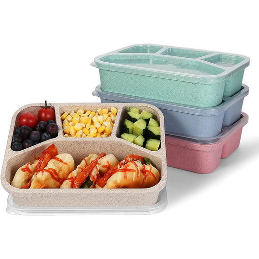 Bento Lunch Boxes, 4-Pack 4 Compartment Wheat Straw Meal Prep Food Storage Containers Plastic,Microwave Dishwasher Safe