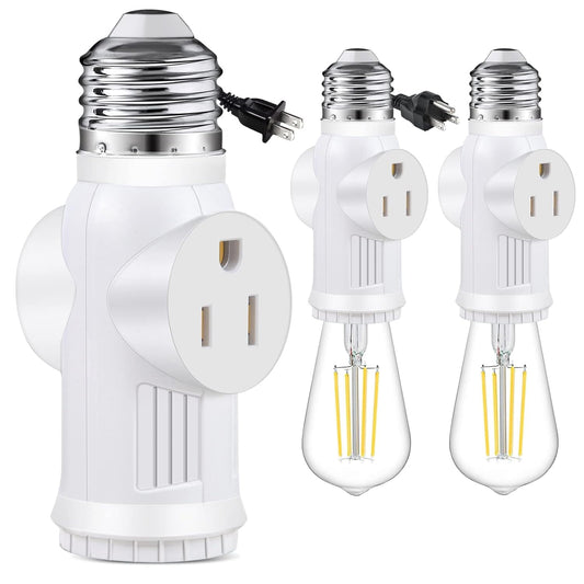Fixdono 3 Prong E26 Light Socket to Plug Adapter, Heat Resistant Light Socket 2/3 Prong Outlet Light Bulb Plug Splitter Converter for Garage Porch, 2 Pack