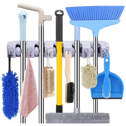 Sentryse Broom Holder Mop Hanger, Mop Holder Hanger 5 Position Home Kitchen Storage Broom Organizer Wall Mounted