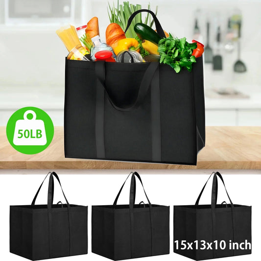 Sentryse Set of 3 Reusable Grocery Bags,Large Foldable Heavy Duty Bag, Shopping Tote Produce Bag with Reinforced Handles & Thick Plastic Support Bottom, Black Washable Storage