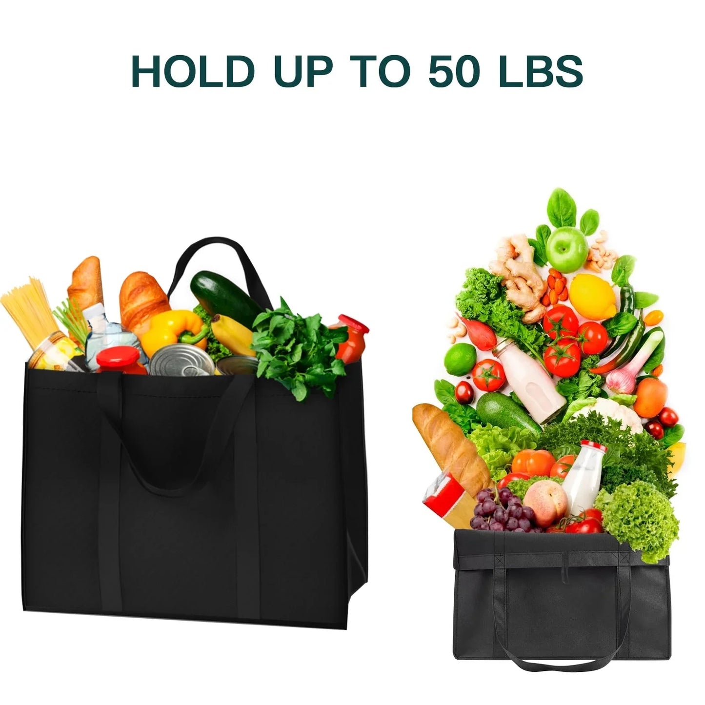 Sentryse Set of 3 Reusable Grocery Bags,Large Foldable Heavy Duty Bag, Shopping Tote Produce Bag with Reinforced Handles & Thick Plastic Support Bottom, Black Washable Storage
