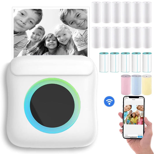 Mini Sticker Printer, Bluetooth Smart Pocket Inkless Thermal Printer with 20 Rolls Paper and Sticker