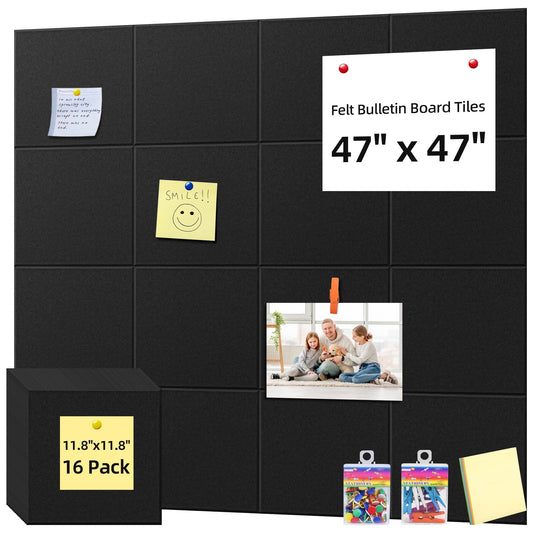 Reichtum Felt Tile Bulletin Board, 16 Pack Felt Wall Tiles with 100 Push Pins,10 Push Pin Clips, Sticky Notes, Large Alternative Cork Board for Walls Home Office, 47 X 47 inches