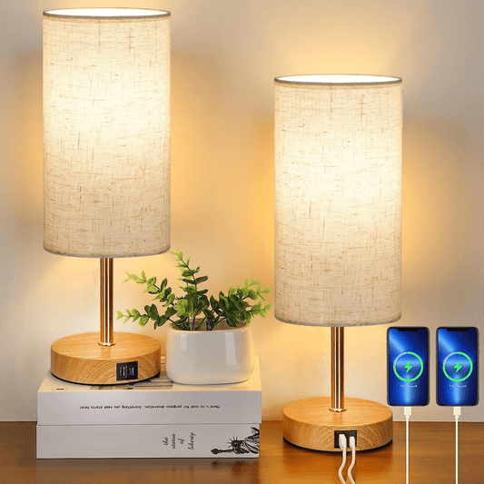 2-Piece Set Touch Table Lamp with USB Charging Station, 3 Way Dimmable Bedside Table Lamp, Wood Base, Round Linen Shade Desk Lamp for Bedroom Nightstand, Dorm, Living Room, Office (110-120V AC)
