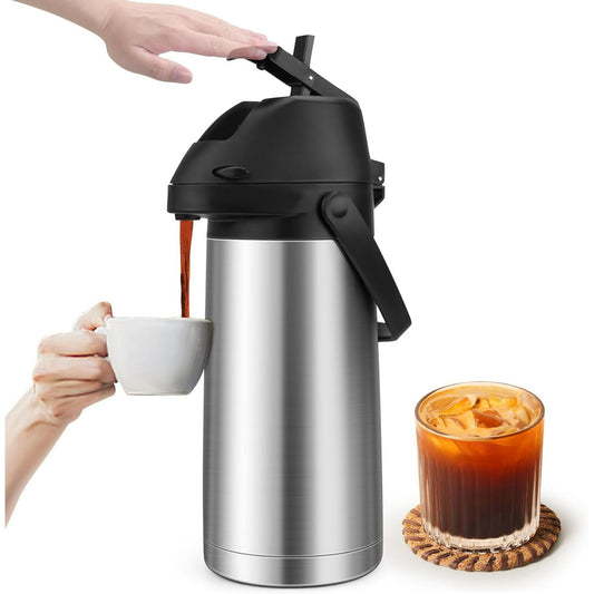 Tidymend 65oz Thermal Airpot Carafe with Pump, Stainless Steel Vacuum Insulated Coffee Dispenser for Hot and Cold Beverage (Silver）