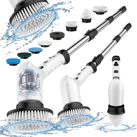 Lightweight Electric Spin Scrubber, Adjustable Handle, 3 Speed Mode Power Electric Scrubber for Cleaning, Cordless Shower Cleaning Brush with 8 Brush Heads for Bathroom, Tub, Floor, Tile (White)