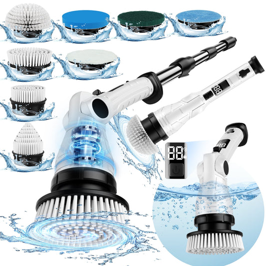 Electric Spin Scrubber, Adjustable Angle ＆ Extension Handle, 3 Speed Mode Power Electric Scrubber for Cleaning, Cordless Shower Cleaning Brush with 8 Brush Heads for Bathroom/Tub/Floor/Tile