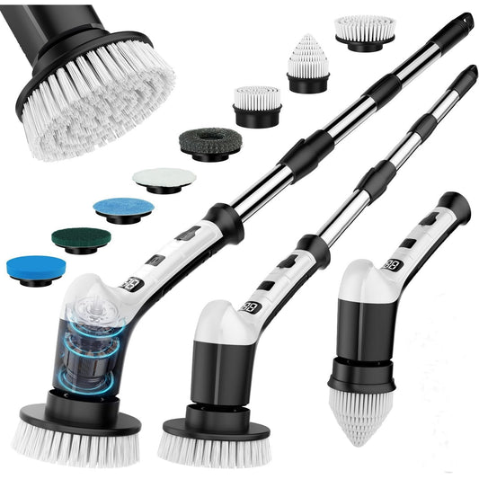 Lightweight Electric Spin Scrubber, Adjustable Handle, 3 Speed Mode Power Electric Scrubber for Cleaning, Cordless Shower Cleaning Brush with 8 Brush Heads for Bathroom,Tub,Floor,Tile(Black-White)