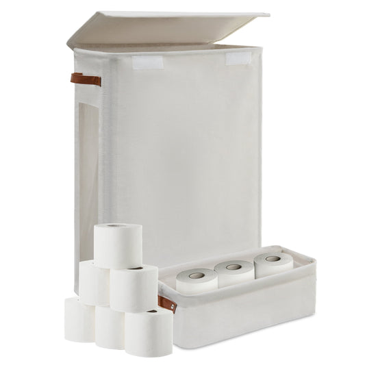 Toilet Paper Storage Basket with Wheels, 2-Piece Set Paper Roll Basket for Bathroom, Extra Large Free Standing Toilet Paper Containers for up to 20+ Regular Rolls (Beige)