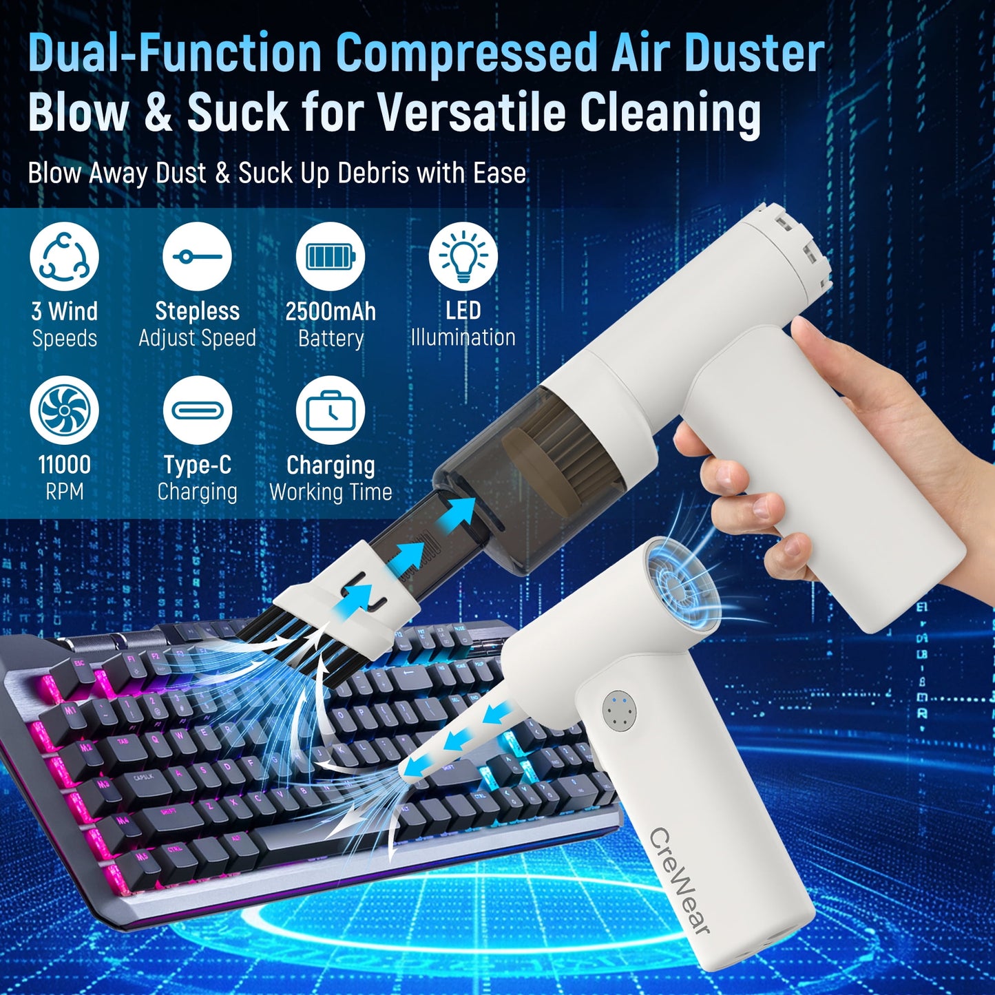 CreWear Compressed Air Duster 11000RPM Electric Cordless Air Duster Computer Keyboard Dust Cleaner for Electronics