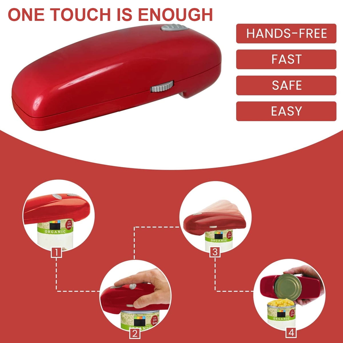 Electric Can Opener, Hands-Free, Smooth Edge, Battery Powered for All Round Cans, Red