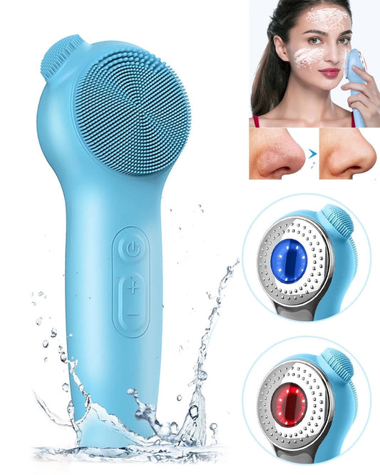 Facial Cleansing Brush Face Scrubber, Silicone Electric Deep Cleaning Exfoliating Brush with Nose Scrubber, Waterproof Rechargeable Thermal Massager Skin Care Routine Men Women, Blue